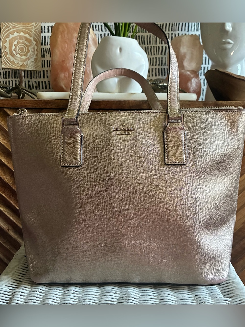 Kate Spade Metallic Rose Gold Zipper Tote Bag